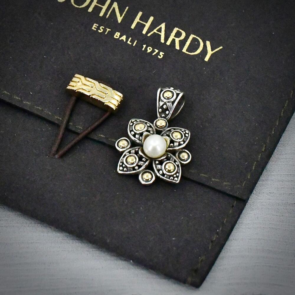 John Hardy 18K Gold 925 Sterling Silver Cultured Pearl Flower Pendant 7.25g